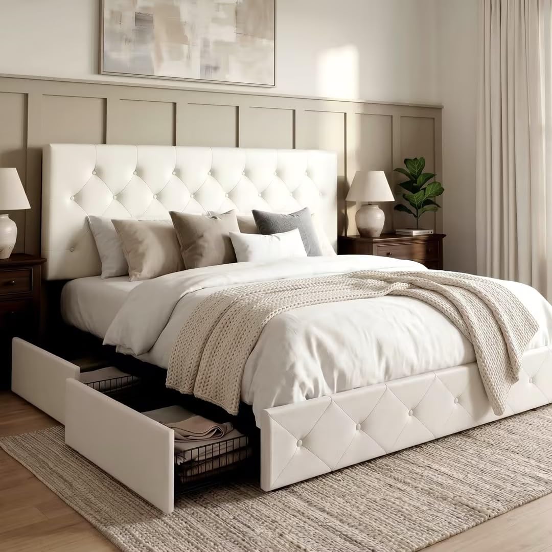 Allewie Upholstered Queen Size Platform Bed Frame with 4 Storage Drawers and Headboard, Square Stitched Button Tufted, Mattress Foundation with Wooden Slats Support, No Box Spring Needed, Light Grey