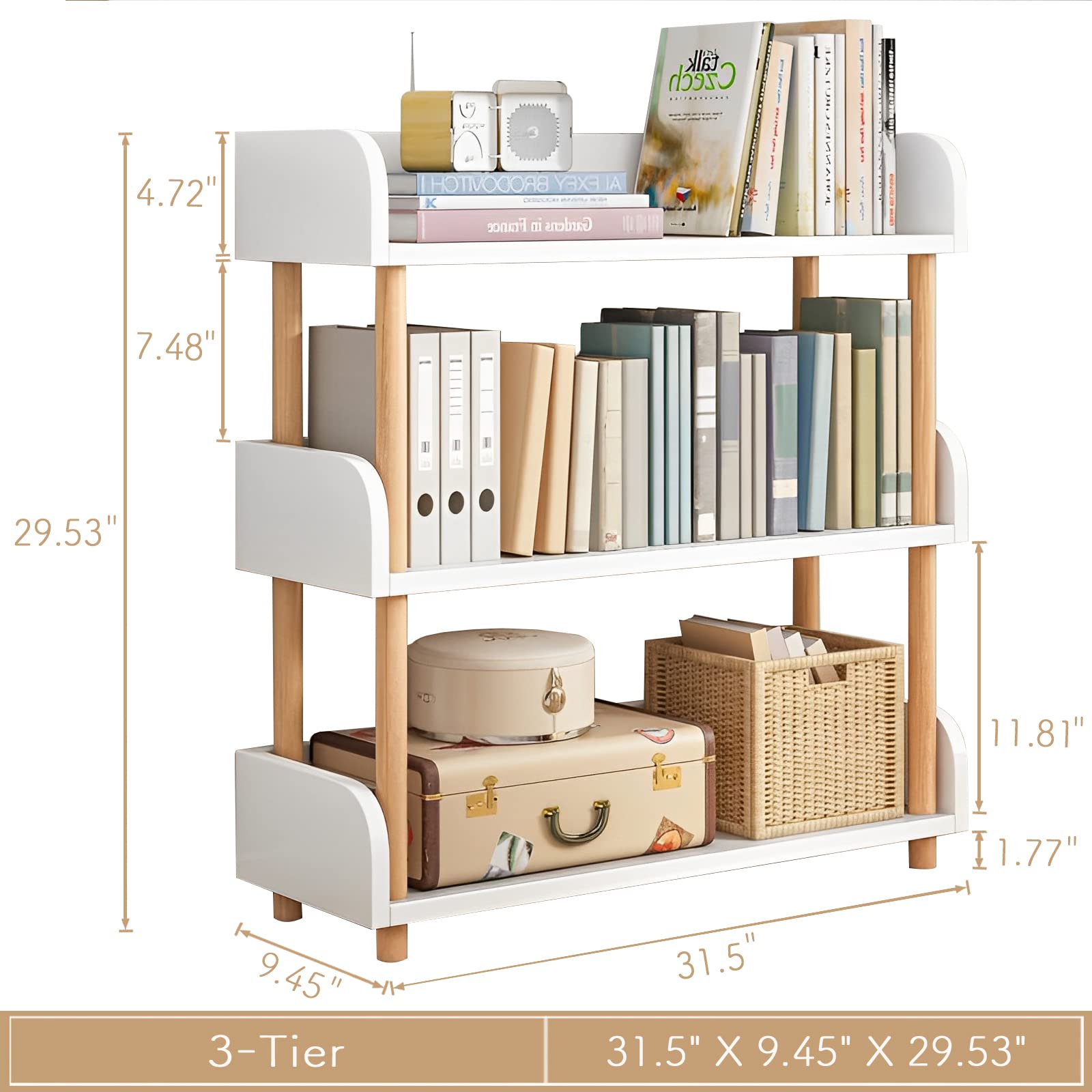 OSCHF 3-Tier Wooden Open Bookcase - Modern Display Bookshelf with Top Edge and Solid Wood Frame for Home and Office, Storage Cabinet, Oak