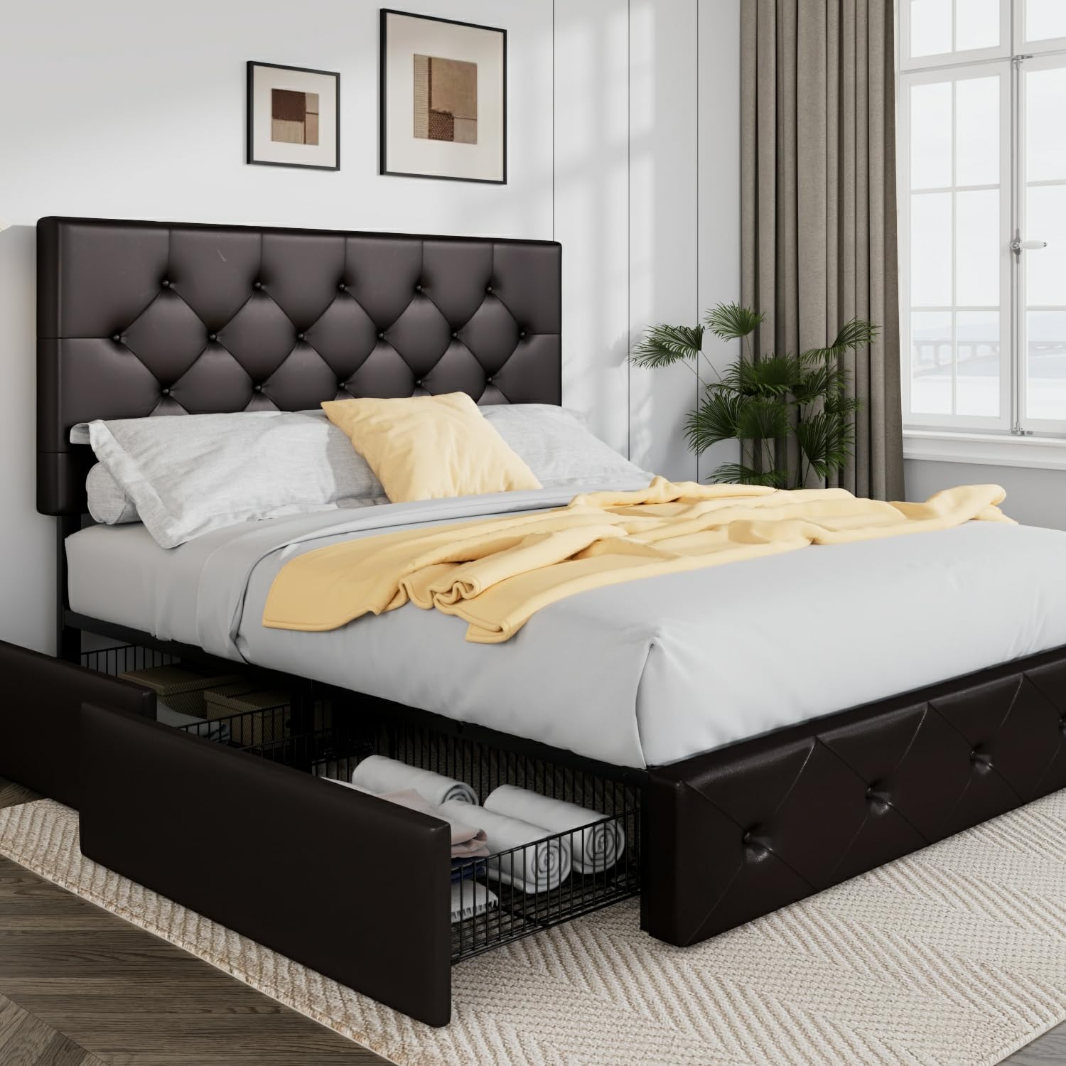 Allewie Upholstered Queen Size Platform Bed Frame with 4 Storage Drawers and Headboard, Square Stitched Button Tufted, Mattress Foundation with Wooden Slats Support, No Box Spring Needed, Light Grey