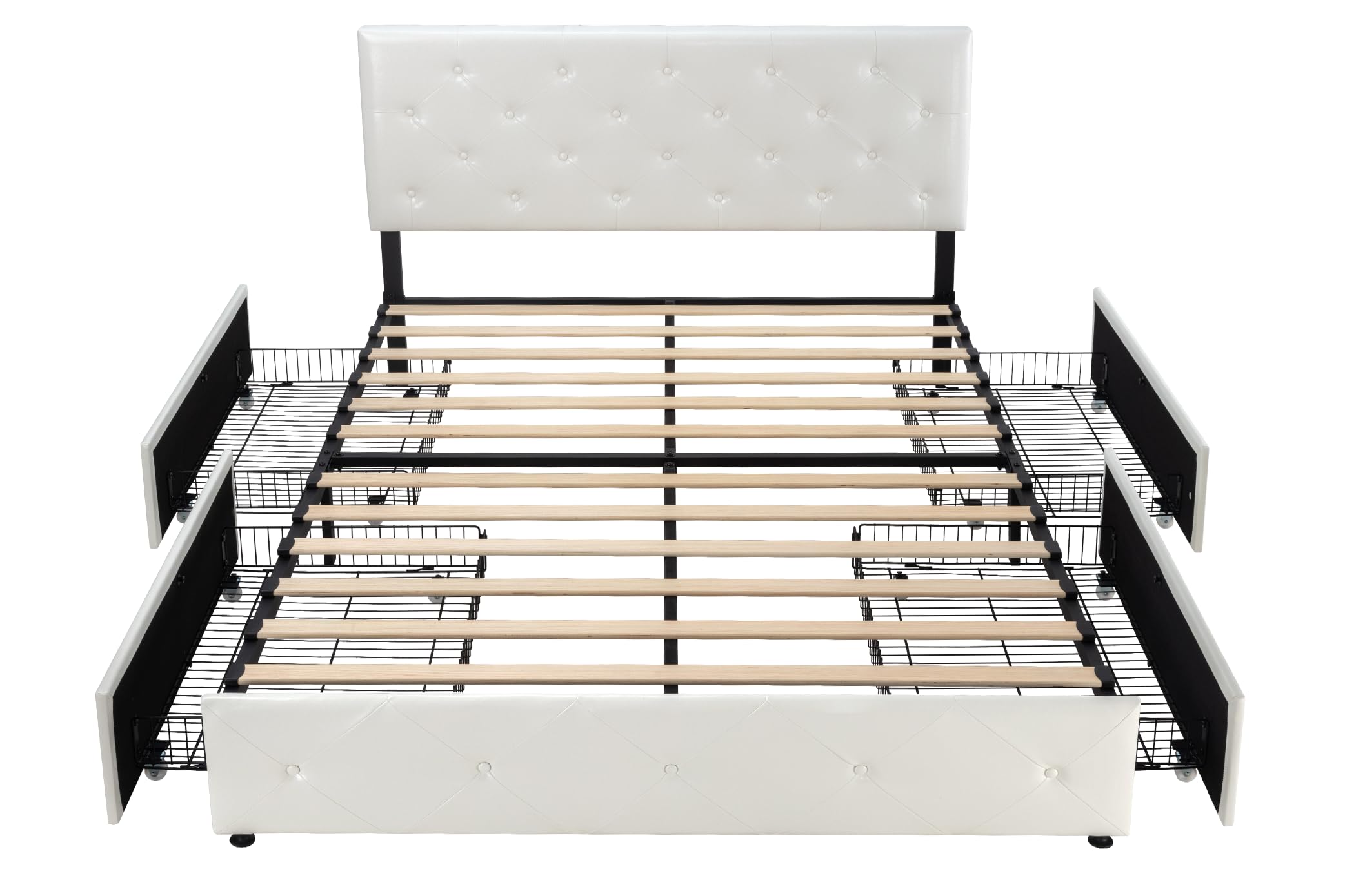 Allewie Upholstered Queen Size Platform Bed Frame with 4 Storage Drawers and Headboard, Square Stitched Button Tufted, Mattress Foundation with Wooden Slats Support, No Box Spring Needed, Light Grey