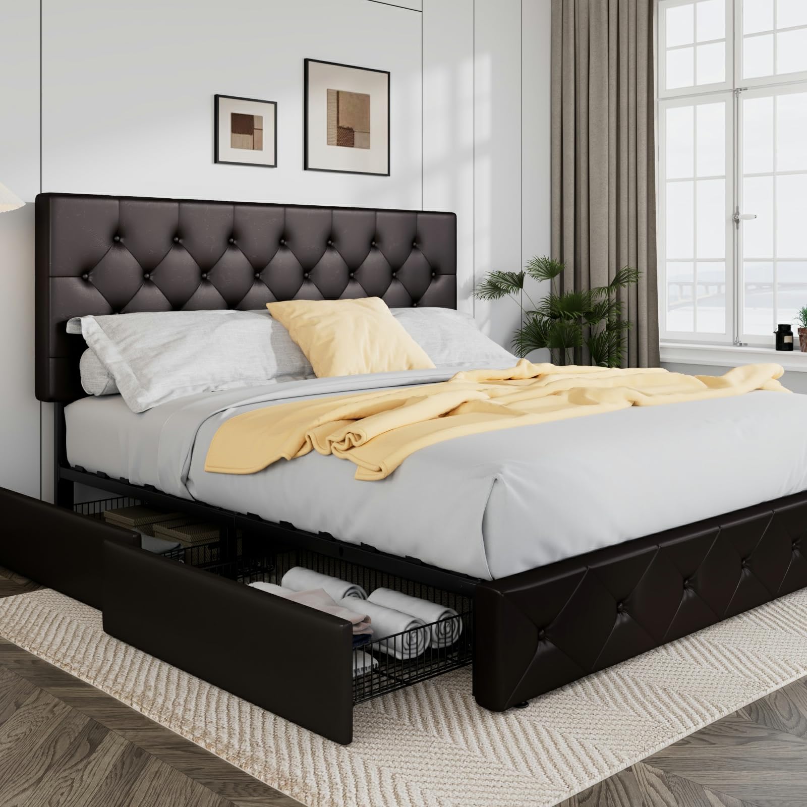 Allewie Upholstered Queen Size Platform Bed Frame with 4 Storage Drawers and Headboard, Square Stitched Button Tufted, Mattress Foundation with Wooden Slats Support, No Box Spring Needed, Light Grey