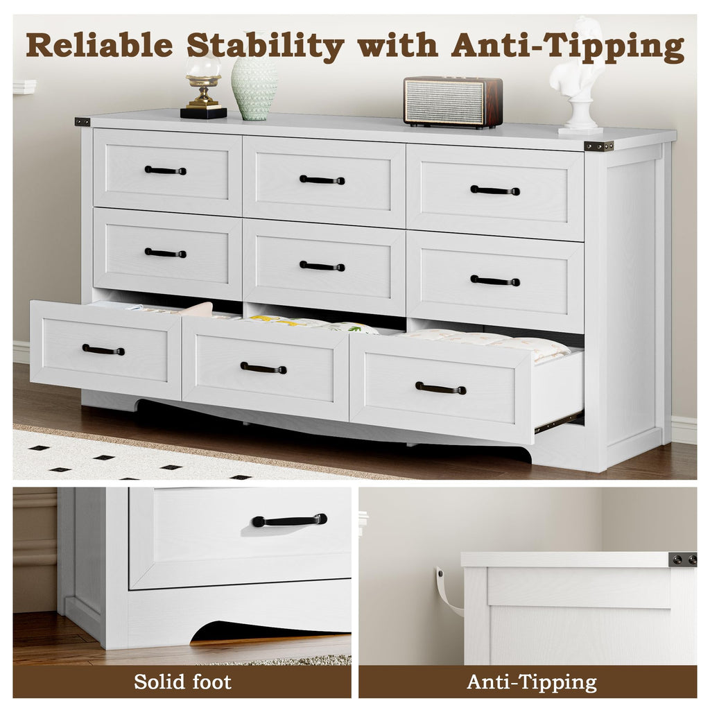 BORNOON 9-Drawer Dresser for Bedroom, Modern Wooden Chest of Drawers with Metal Handles, Anti-Tipping Design, Sturdy and Stable Storage Organizer for Living Room, Entryway, Home Office