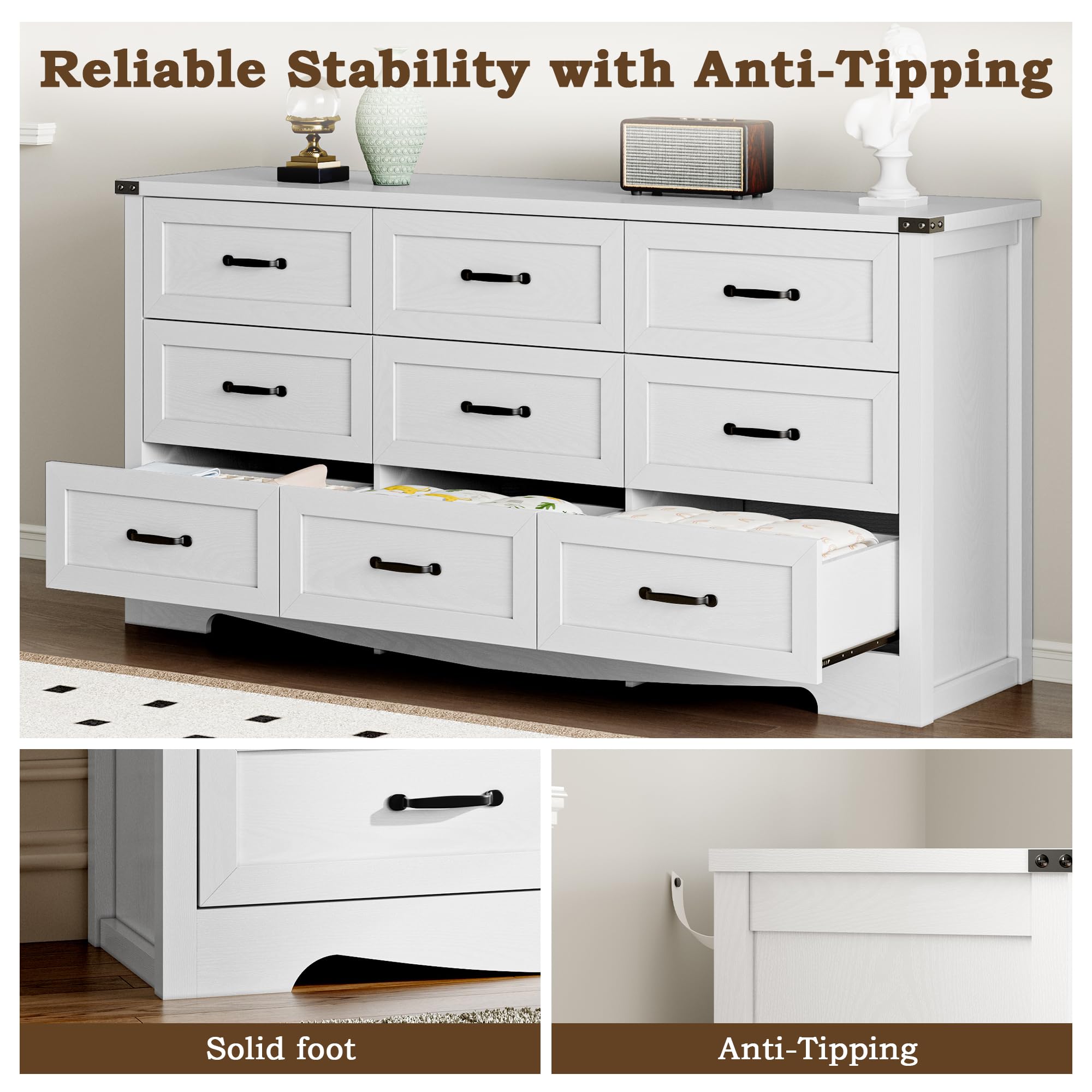 BORNOON 9-Drawer Dresser for Bedroom, Modern Wooden Chest of Drawers with Metal Handles, Anti-Tipping Design, Sturdy and Stable Storage Organizer for Living Room, Entryway, Home Office