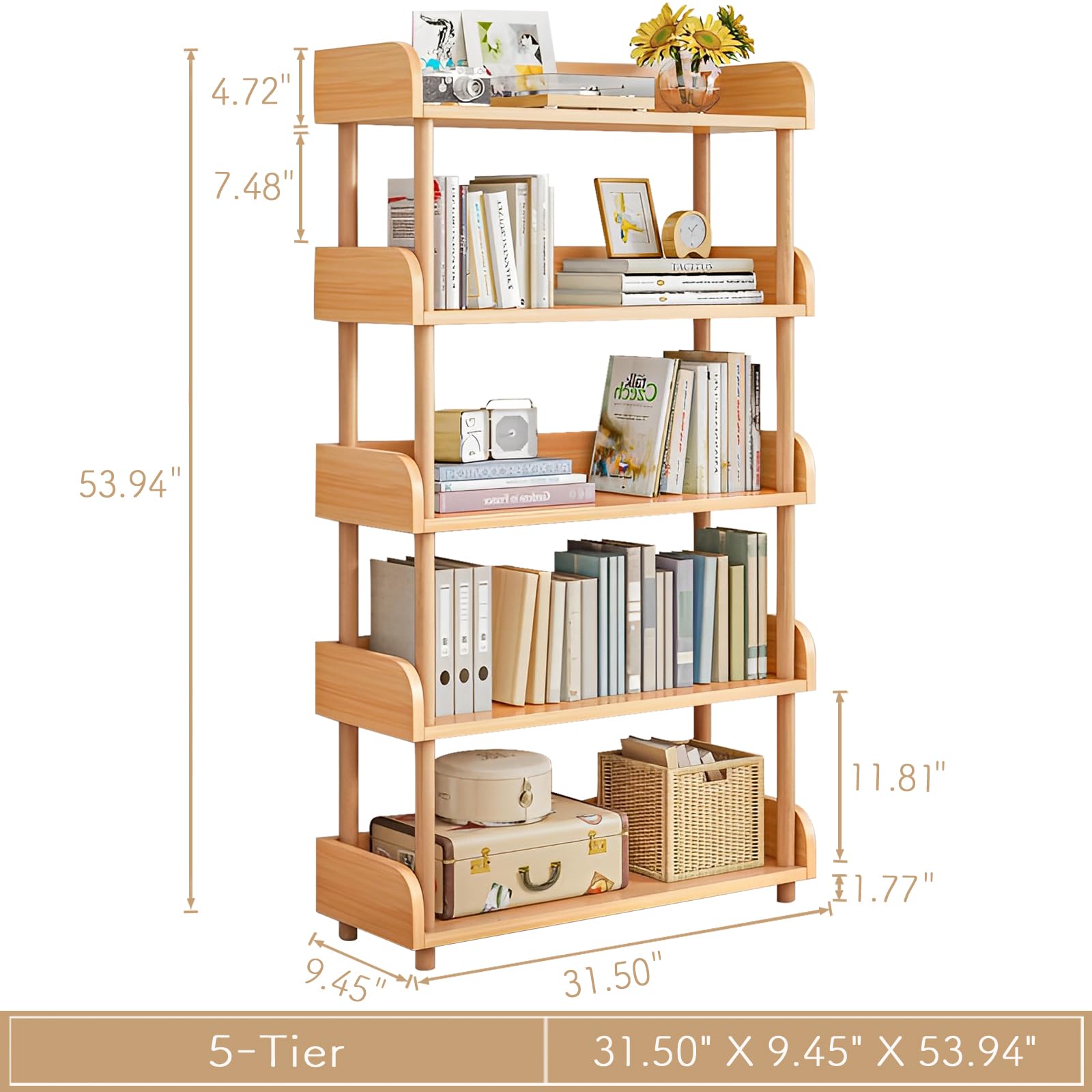 OSCHF 3-Tier Wooden Open Bookcase - Modern Display Bookshelf with Top Edge and Solid Wood Frame for Home and Office, Storage Cabinet, Oak