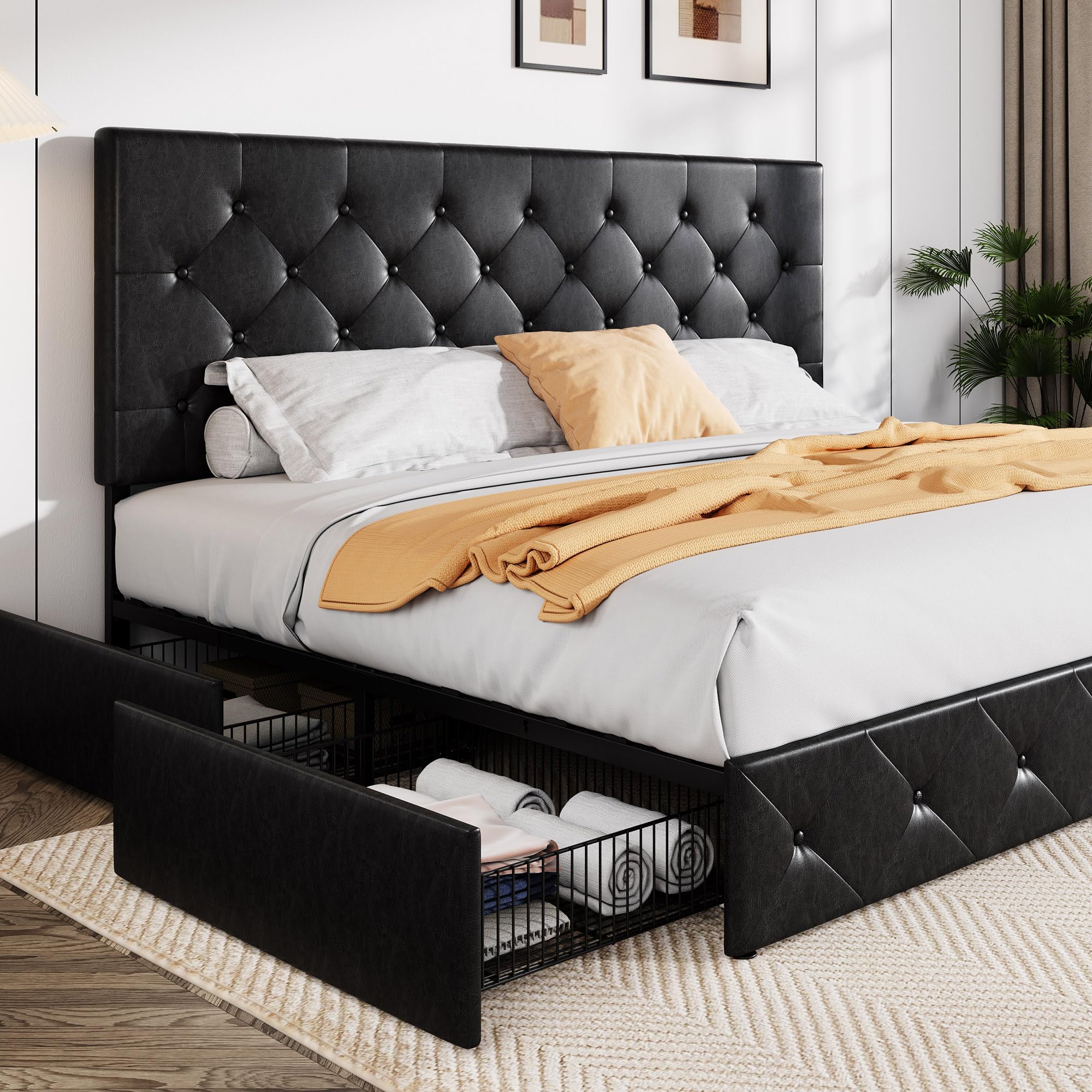 Allewie Upholstered Queen Size Platform Bed Frame with 4 Storage Drawers and Headboard, Square Stitched Button Tufted, Mattress Foundation with Wooden Slats Support, No Box Spring Needed, Light Grey