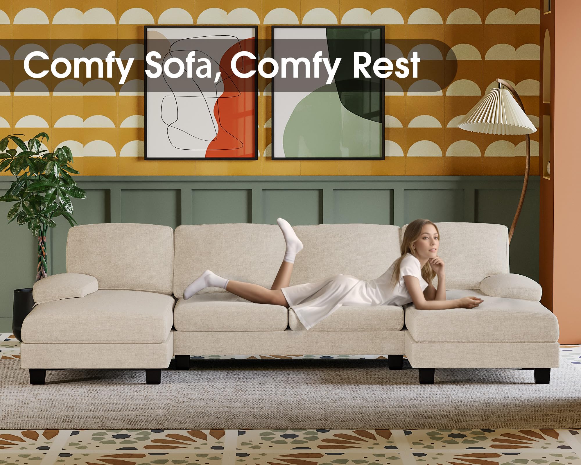 Furmax Sectional Couches for Living Room, U-Shaped Sofa Couch with Linen Fabric, 4 Seat Sofa Set with Double Chaise for Apartment (Fabric, Grey)