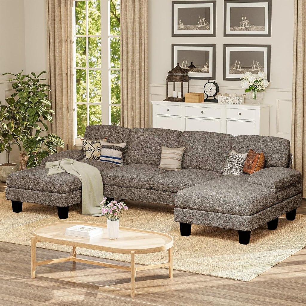 Furmax Sectional Couches for Living Room, U-Shaped Sofa Couch with Linen Fabric, 4 Seat Sofa Set with Double Chaise for Apartment (Fabric, Grey)