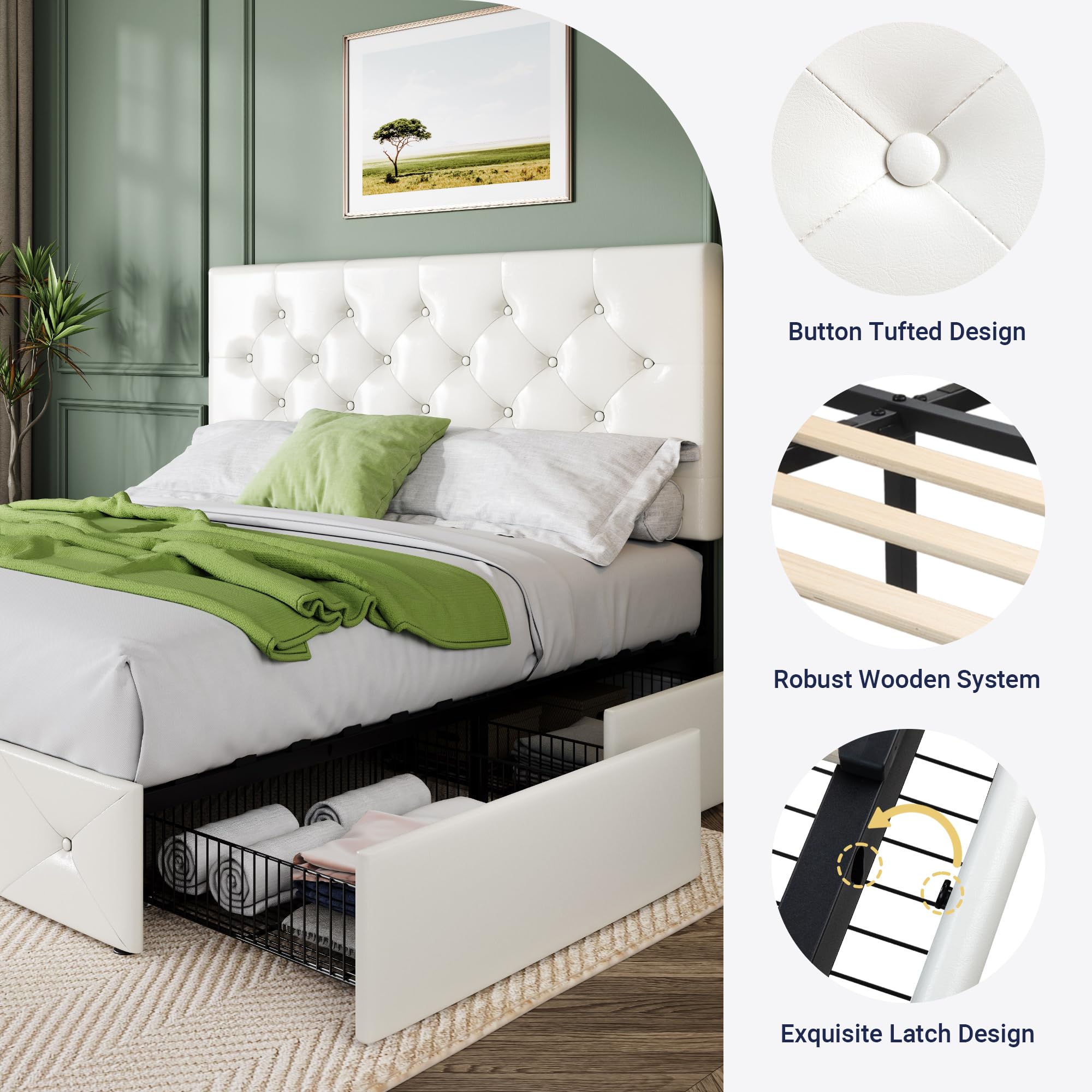 Allewie Upholstered Queen Size Platform Bed Frame with 4 Storage Drawers and Headboard, Square Stitched Button Tufted, Mattress Foundation with Wooden Slats Support, No Box Spring Needed, Light Grey