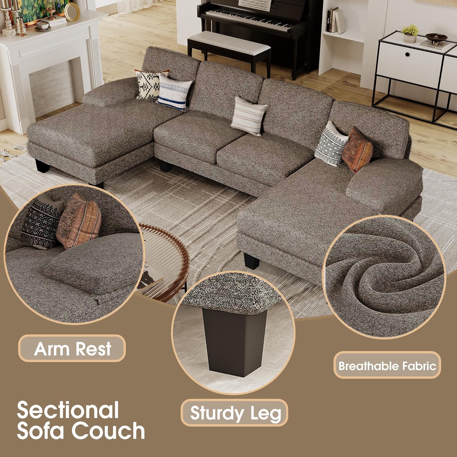 Furmax Sectional Couches for Living Room, U-Shaped Sofa Couch with Linen Fabric, 4 Seat Sofa Set with Double Chaise for Apartment (Fabric, Grey)