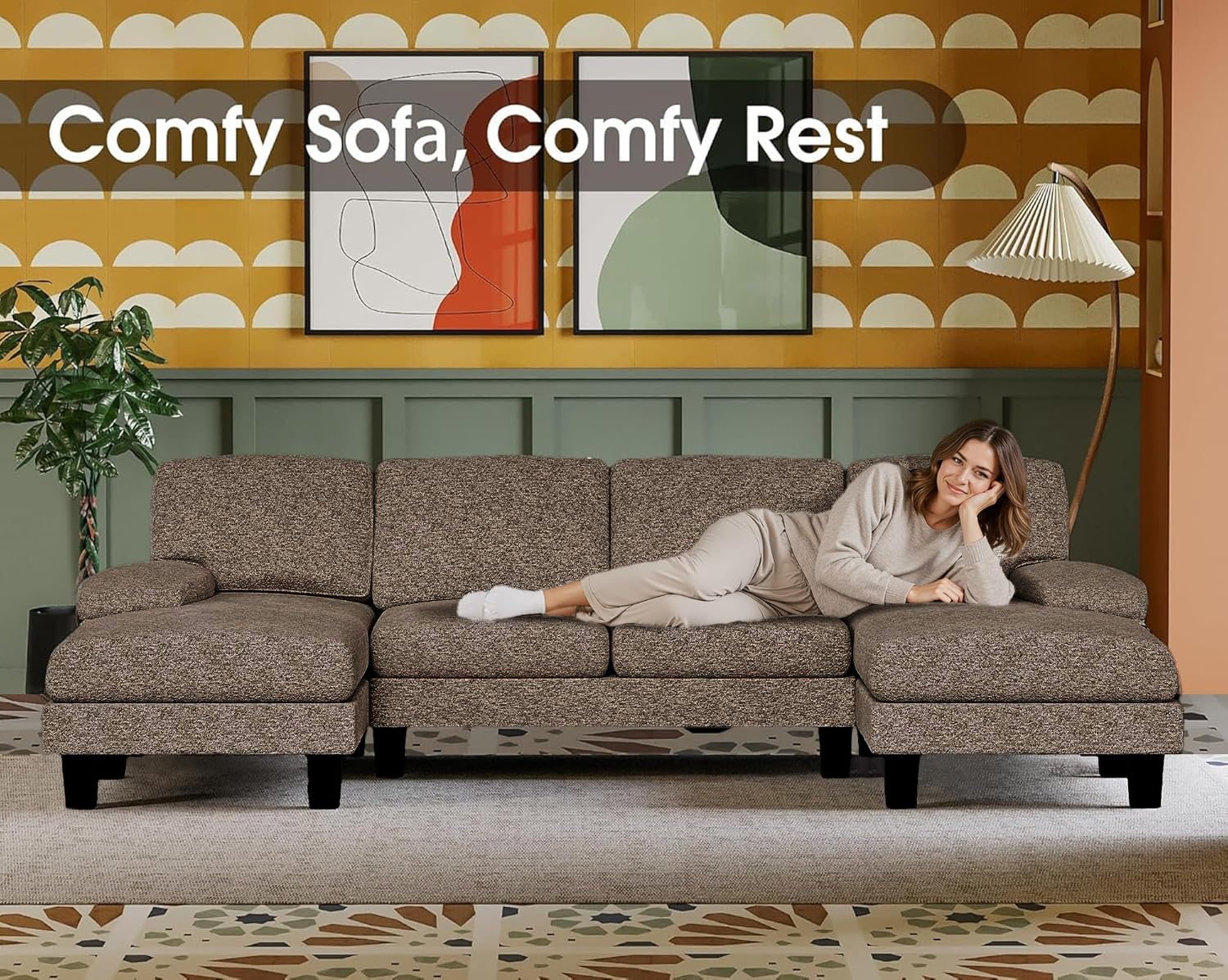 Furmax Sectional Couches for Living Room, U-Shaped Sofa Couch with Linen Fabric, 4 Seat Sofa Set with Double Chaise for Apartment (Fabric, Grey)