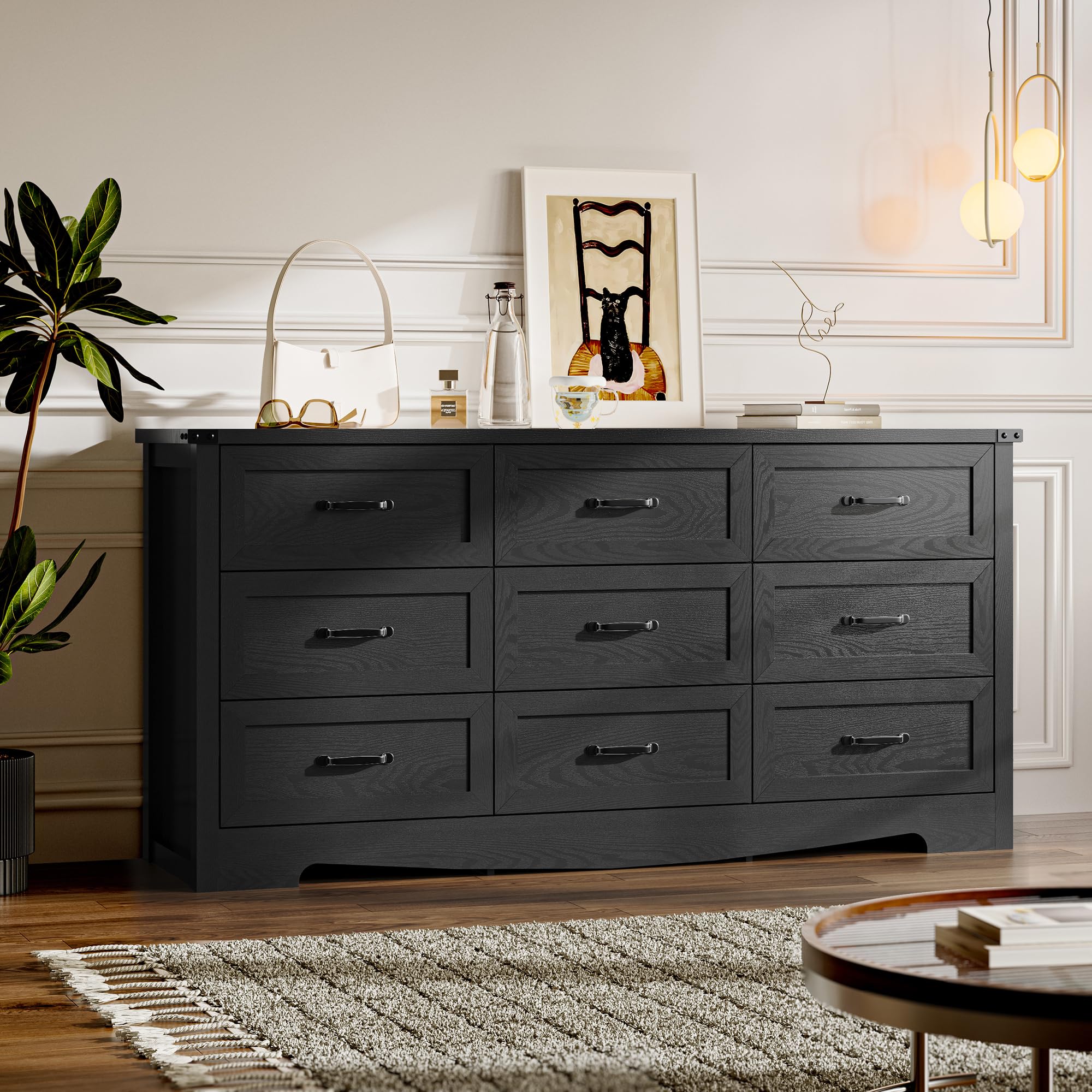 BORNOON 9-Drawer Dresser for Bedroom, Modern Wooden Chest of Drawers with Metal Handles, Anti-Tipping Design, Sturdy and Stable Storage Organizer for Living Room, Entryway, Home Office