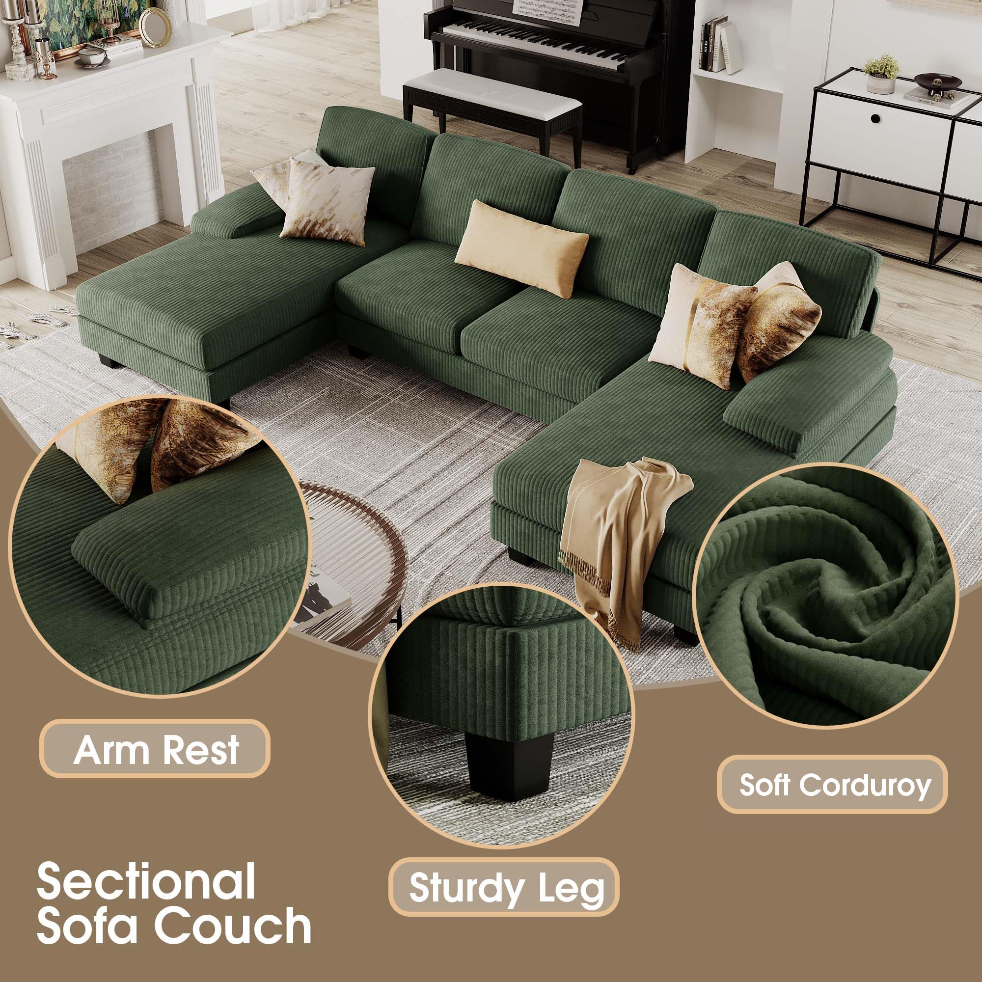 Furmax Sectional Couches for Living Room, U-Shaped Sofa Couch with Linen Fabric, 4 Seat Sofa Set with Double Chaise for Apartment (Fabric, Grey)