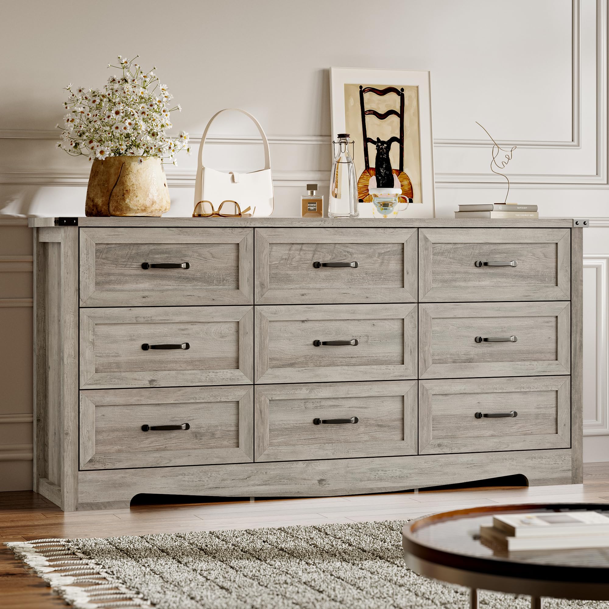 BORNOON 9-Drawer Dresser for Bedroom, Modern Wooden Chest of Drawers with Metal Handles, Anti-Tipping Design, Sturdy and Stable Storage Organizer for Living Room, Entryway, Home Office