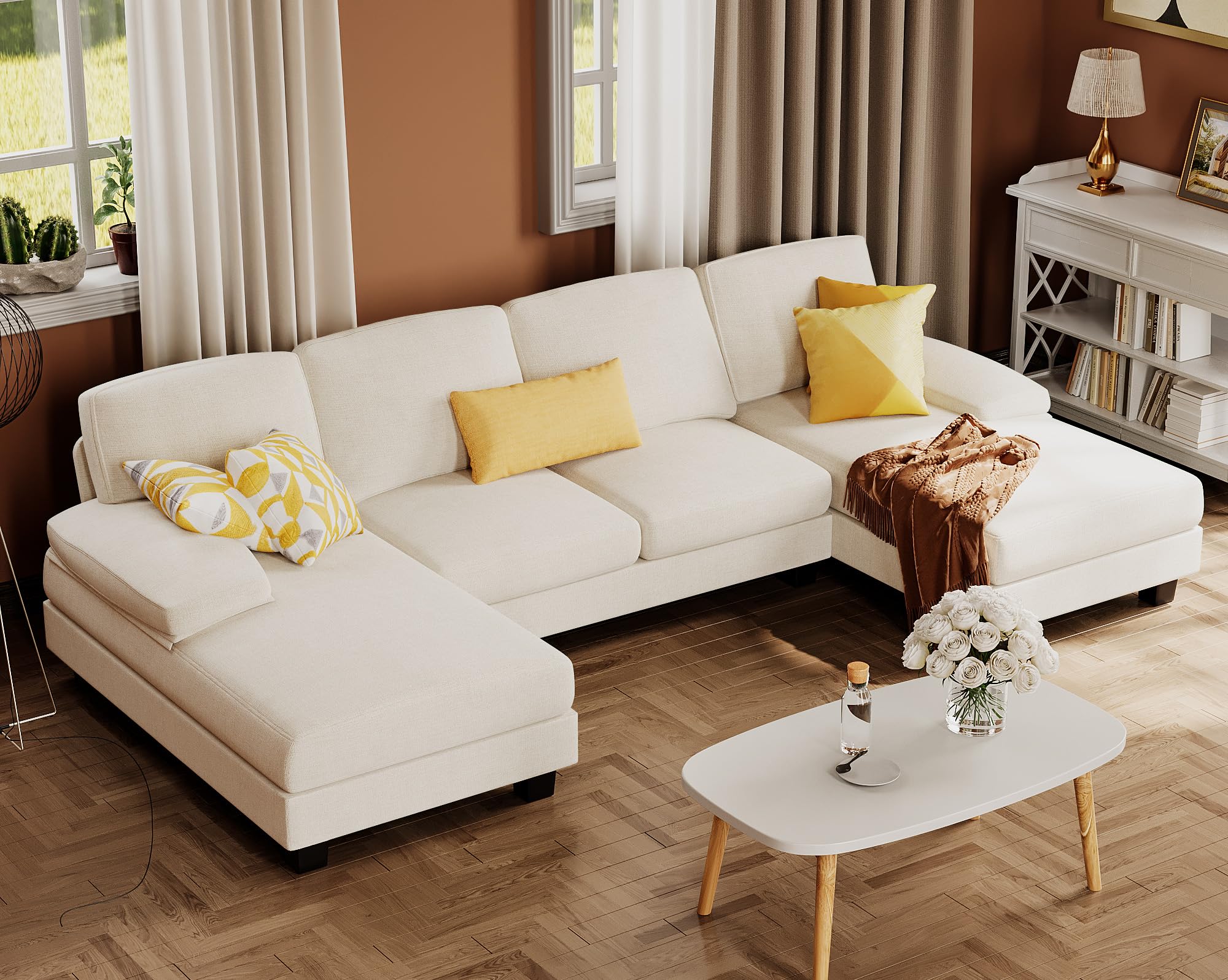 Furmax Sectional Couches for Living Room, U-Shaped Sofa Couch with Linen Fabric, 4 Seat Sofa Set with Double Chaise for Apartment (Fabric, Grey)