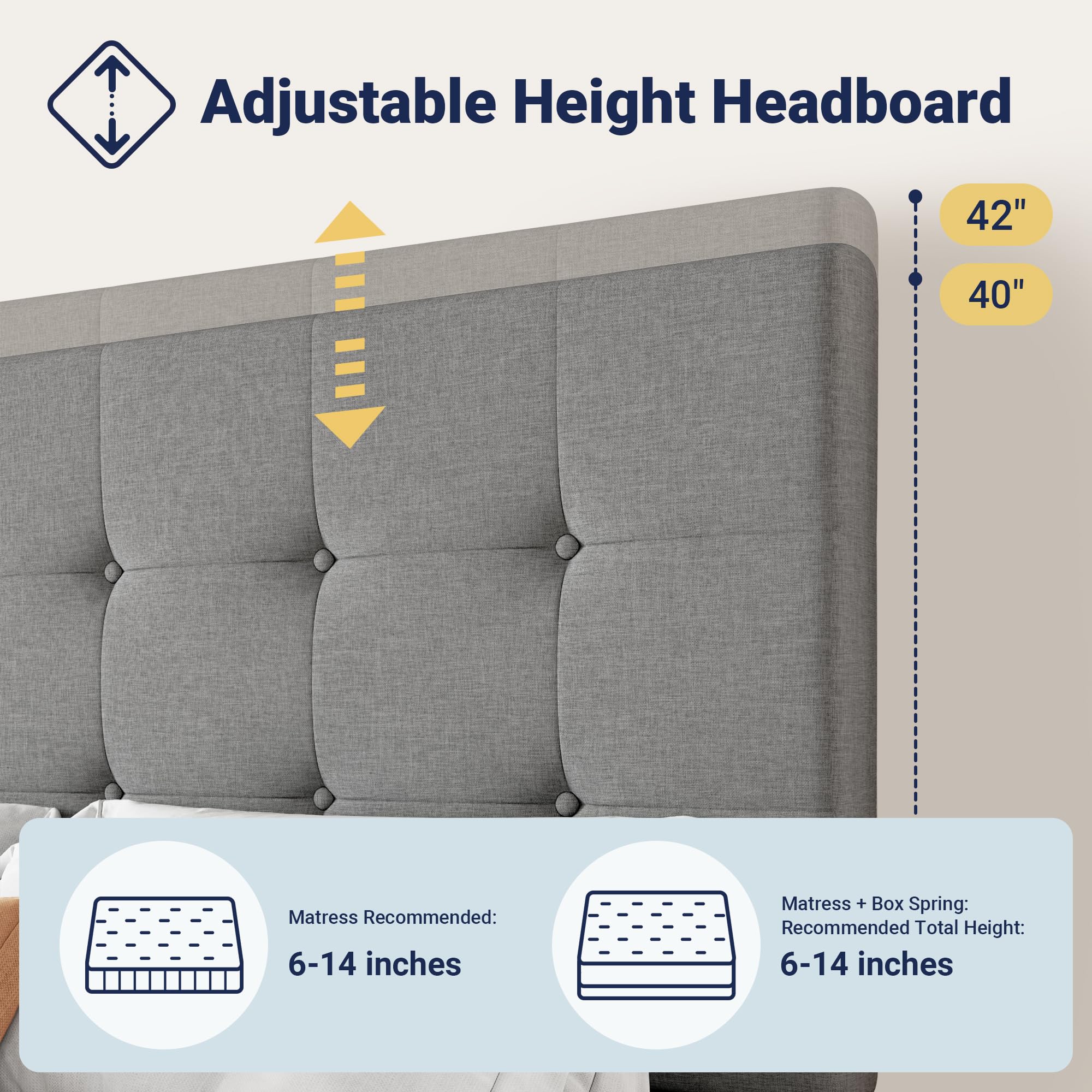 Allewie Upholstered Queen Size Platform Bed Frame with 4 Storage Drawers and Headboard, Square Stitched Button Tufted, Mattress Foundation with Wooden Slats Support, No Box Spring Needed, Light Grey