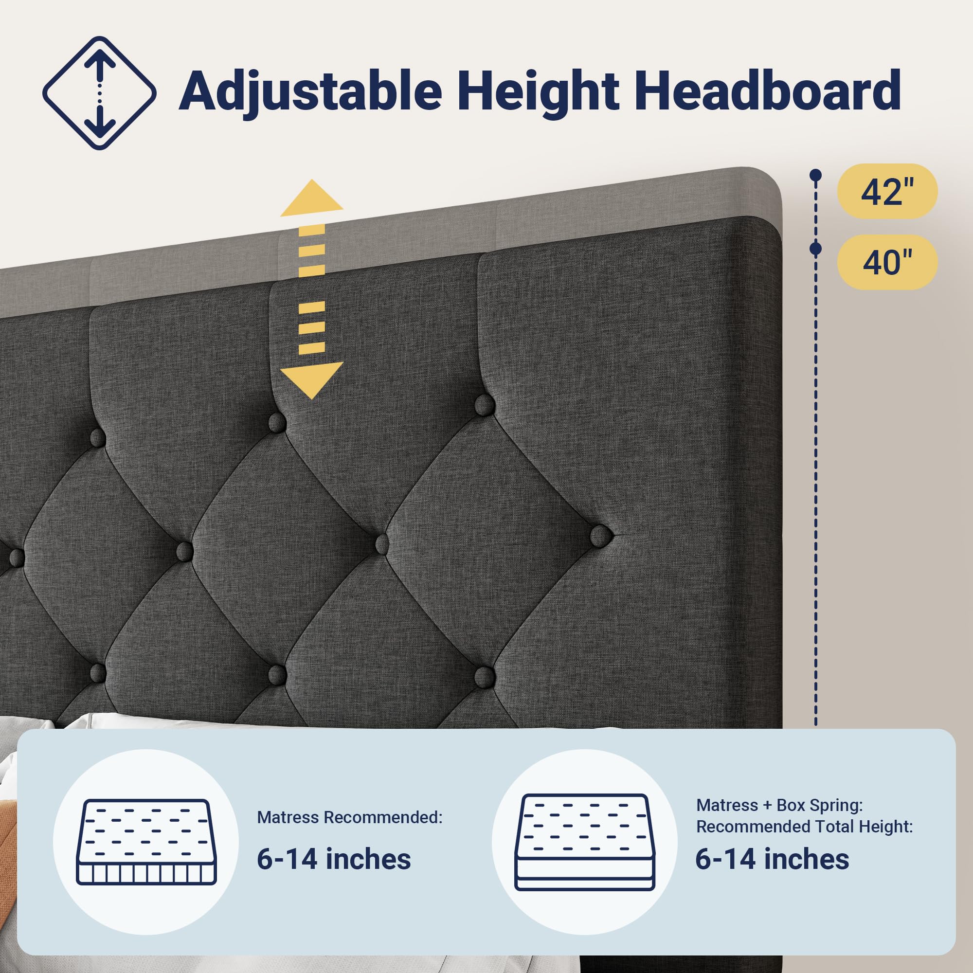 Allewie Upholstered Queen Size Platform Bed Frame with 4 Storage Drawers and Headboard, Square Stitched Button Tufted, Mattress Foundation with Wooden Slats Support, No Box Spring Needed, Light Grey