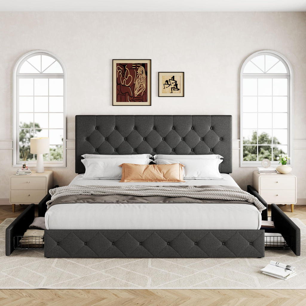 Allewie Upholstered Queen Size Platform Bed Frame with 4 Storage Drawers and Headboard, Square Stitched Button Tufted, Mattress Foundation with Wooden Slats Support, No Box Spring Needed, Light Grey