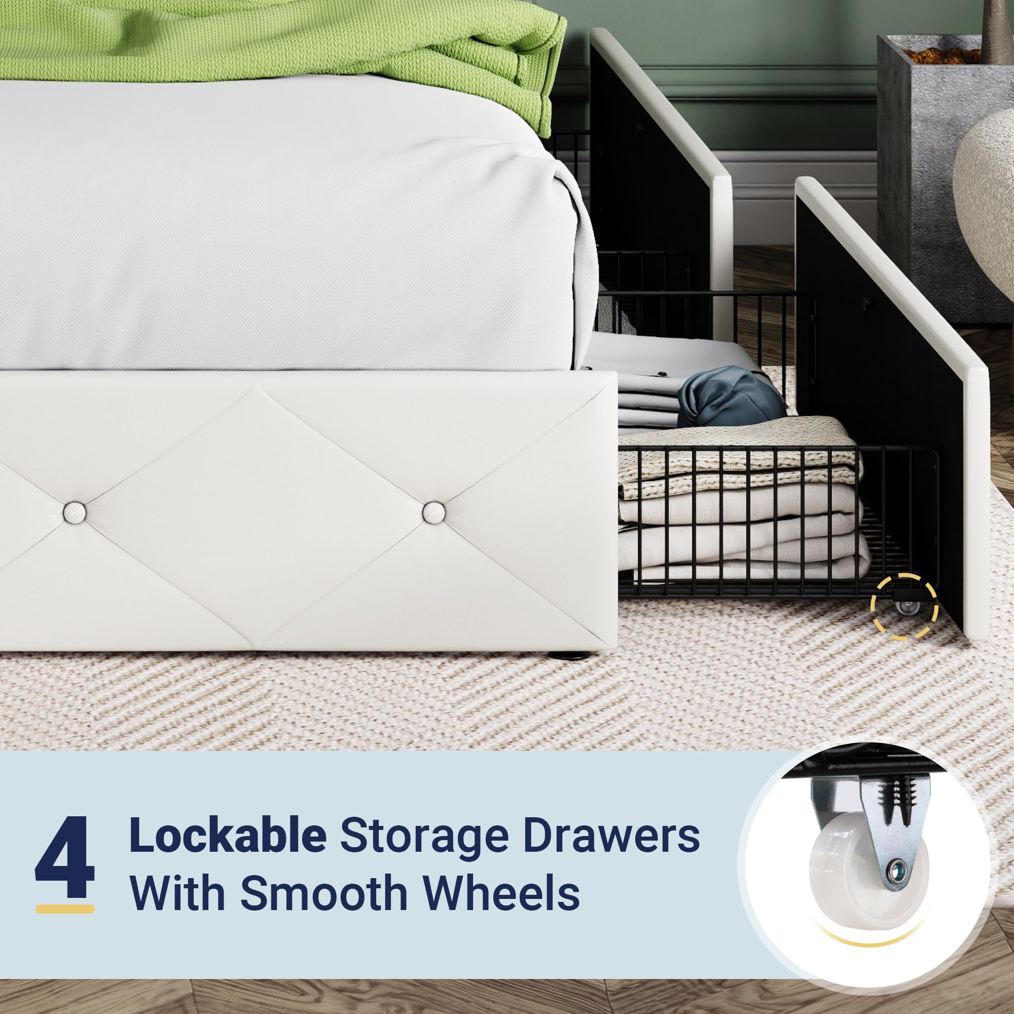 Allewie Upholstered Queen Size Platform Bed Frame with 4 Storage Drawers and Headboard, Square Stitched Button Tufted, Mattress Foundation with Wooden Slats Support, No Box Spring Needed, Light Grey