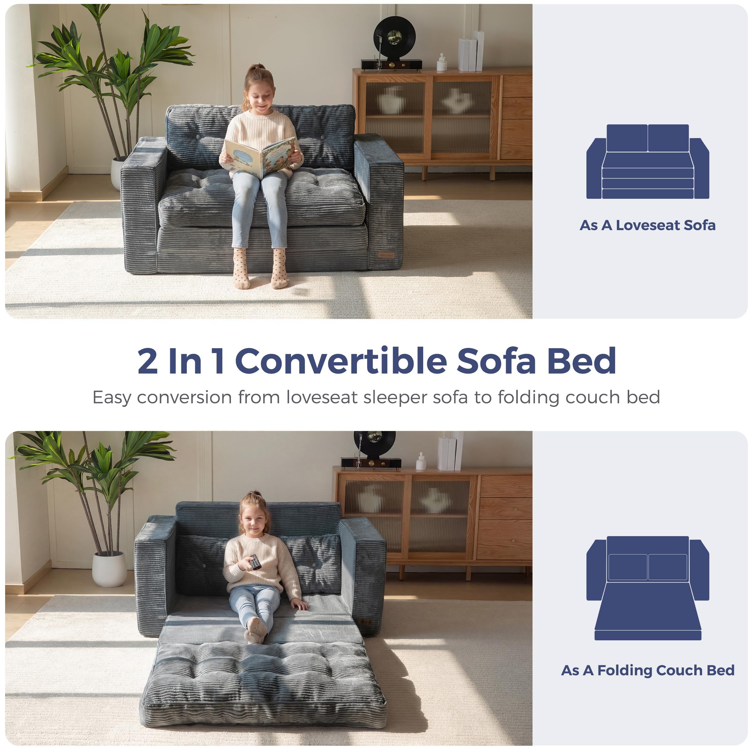 MAXYOYO Convertible Sofa Bed, Pull Out Loveseat Sleeper Sofa, 2 in 1 Folding Couch Bed