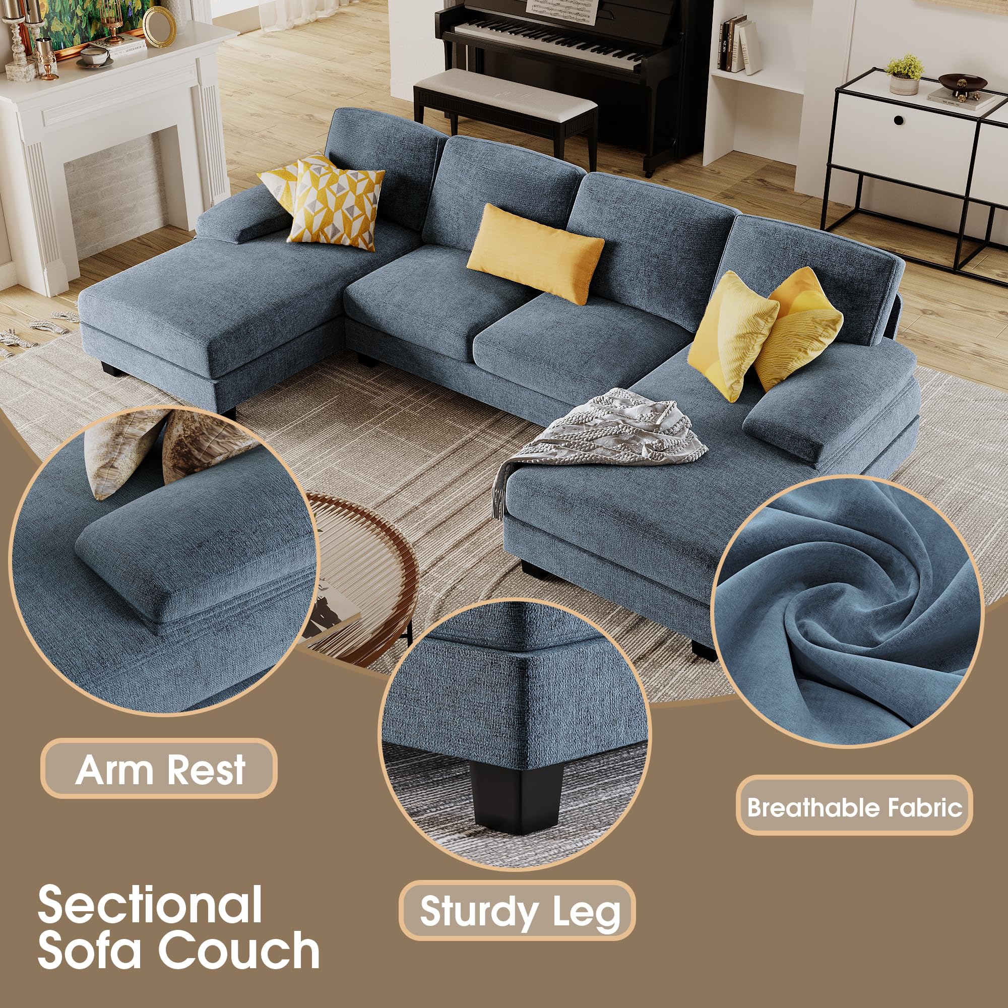 Furmax Sectional Couches for Living Room, U-Shaped Sofa Couch with Linen Fabric, 4 Seat Sofa Set with Double Chaise for Apartment (Fabric, Grey)