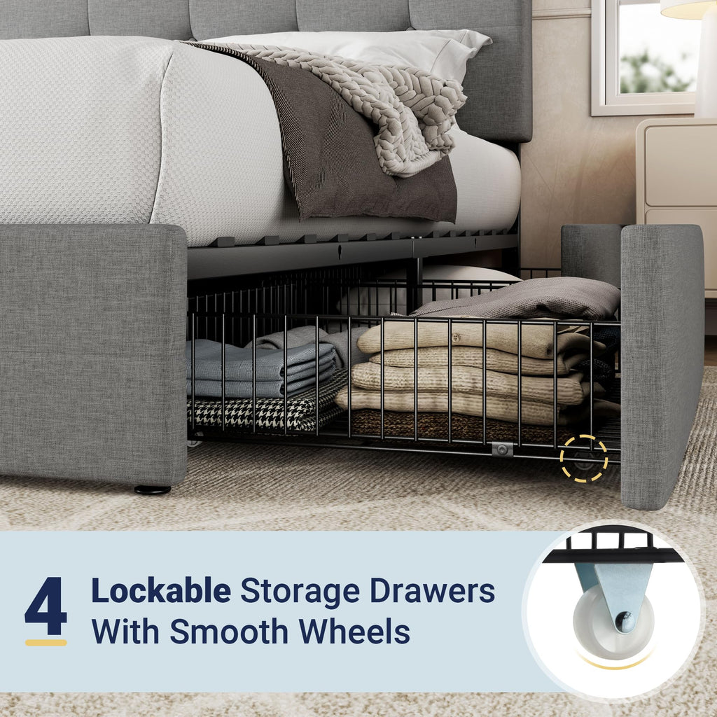 Allewie Upholstered Queen Size Platform Bed Frame with 4 Storage Drawers and Headboard, Square Stitched Button Tufted, Mattress Foundation with Wooden Slats Support, No Box Spring Needed, Light Grey