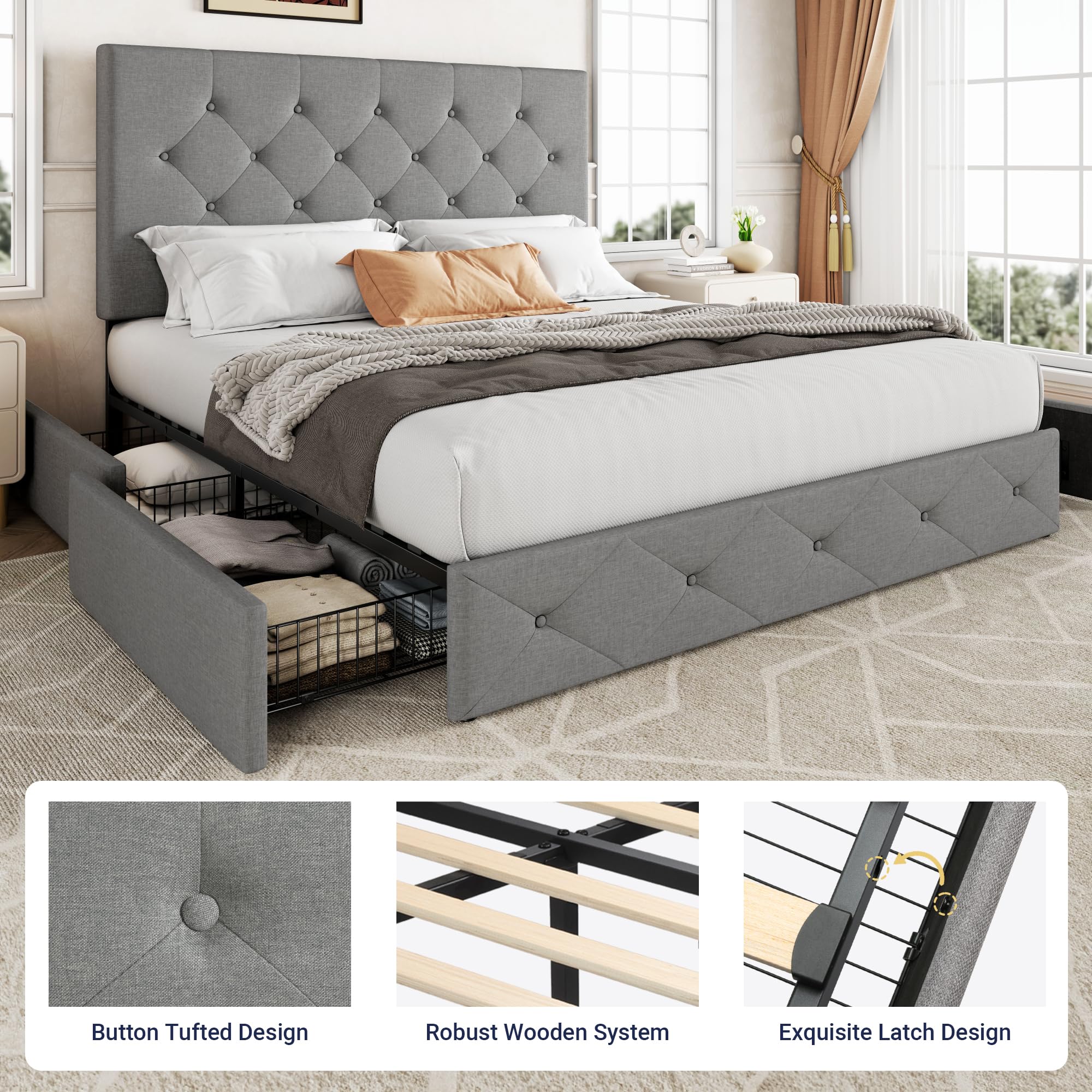 Allewie Upholstered Queen Size Platform Bed Frame with 4 Storage Drawers and Headboard, Square Stitched Button Tufted, Mattress Foundation with Wooden Slats Support, No Box Spring Needed, Light Grey