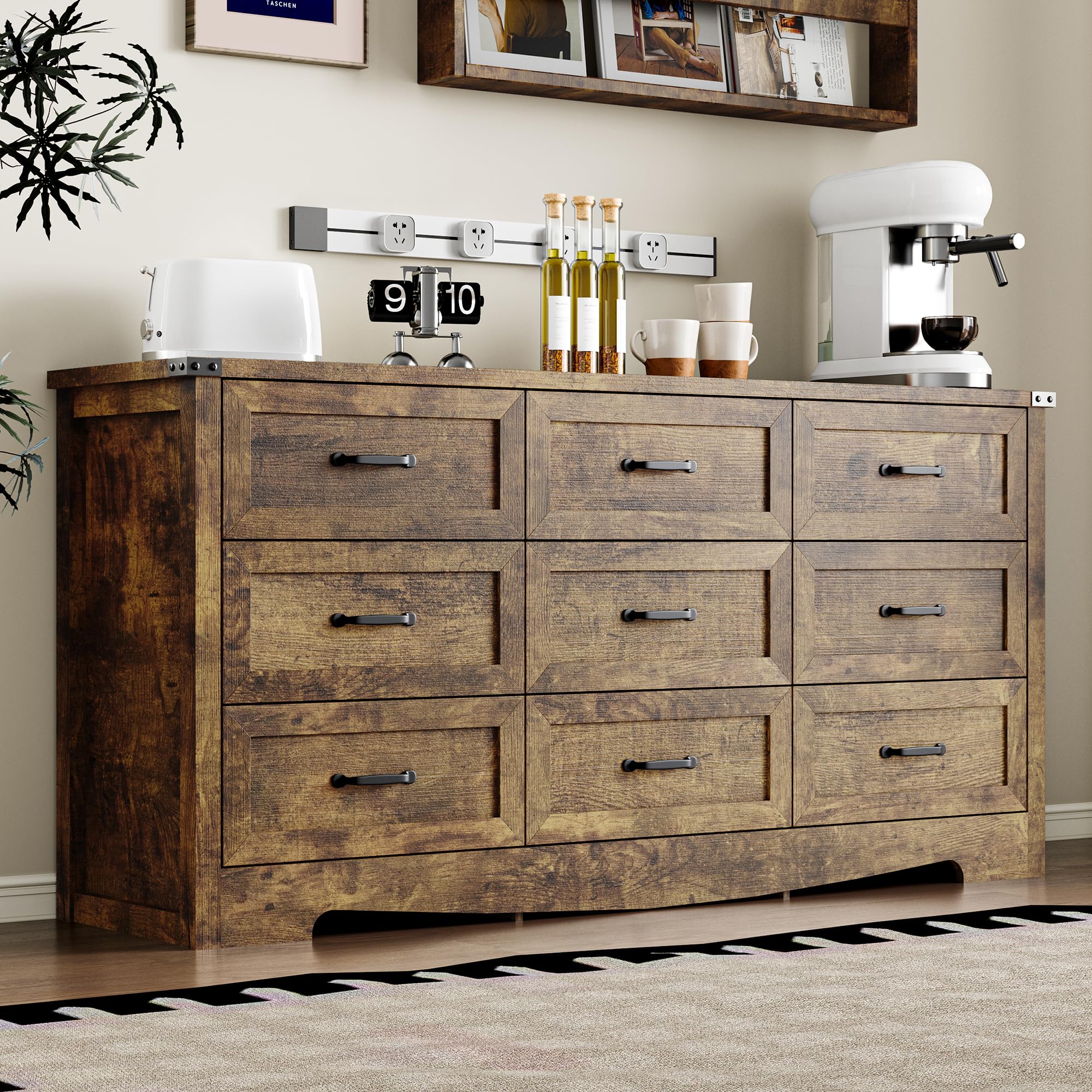 BORNOON 9-Drawer Dresser for Bedroom, Modern Wooden Chest of Drawers with Metal Handles, Anti-Tipping Design, Sturdy and Stable Storage Organizer for Living Room, Entryway, Home Office