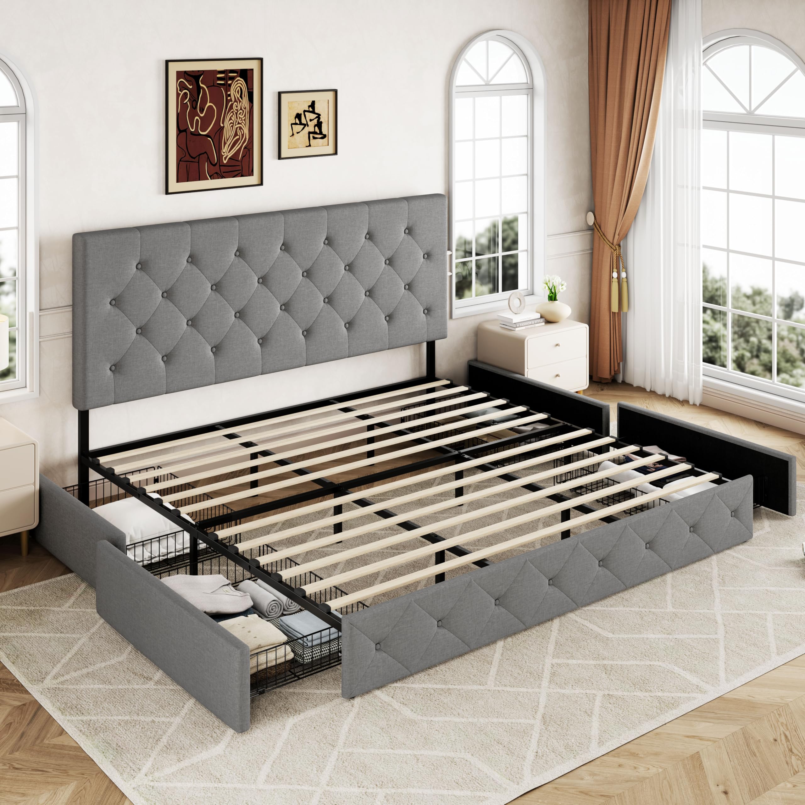 Allewie Upholstered Queen Size Platform Bed Frame with 4 Storage Drawers and Headboard, Square Stitched Button Tufted, Mattress Foundation with Wooden Slats Support, No Box Spring Needed, Light Grey