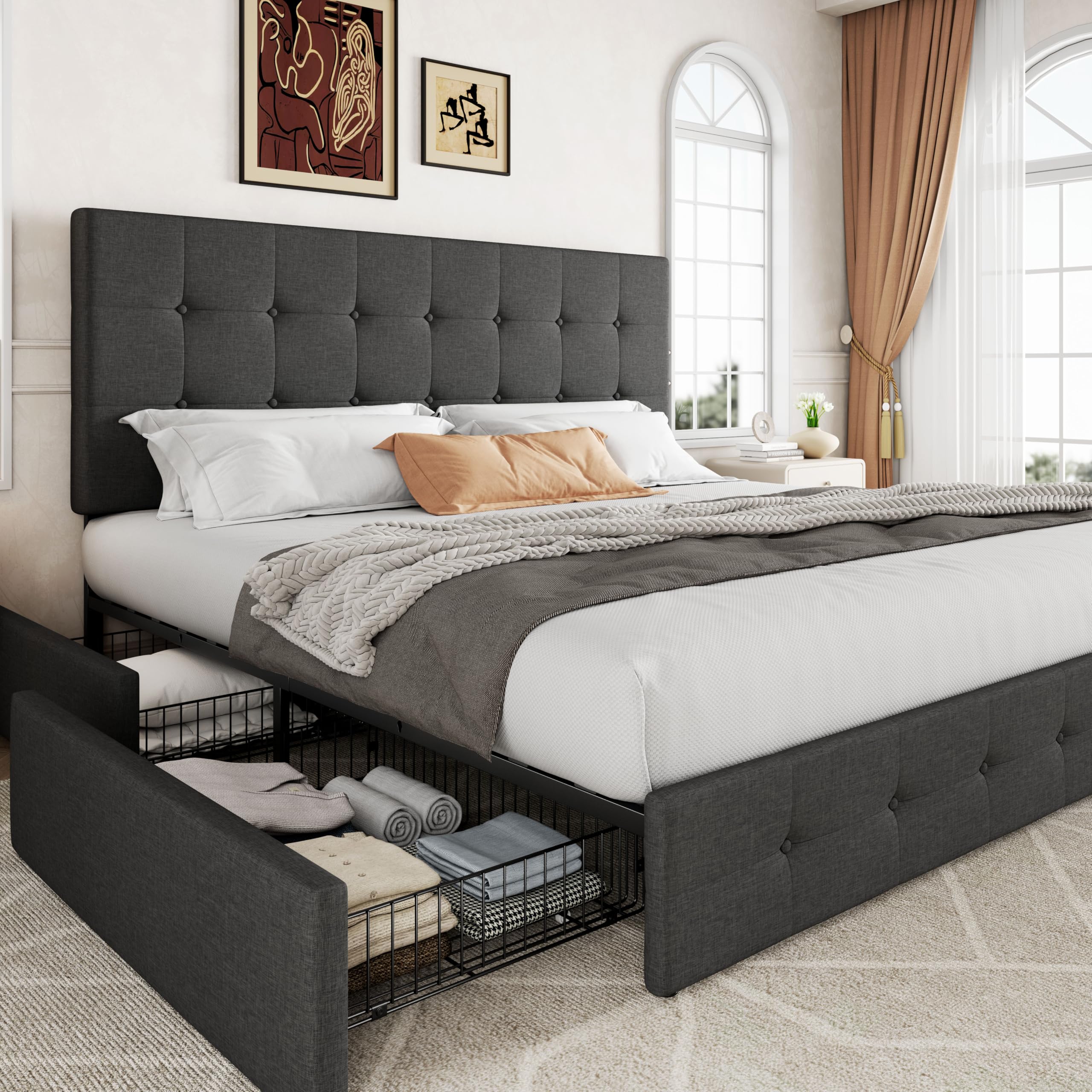 Allewie Upholstered Queen Size Platform Bed Frame with 4 Storage Drawers and Headboard, Square Stitched Button Tufted, Mattress Foundation with Wooden Slats Support, No Box Spring Needed, Light Grey