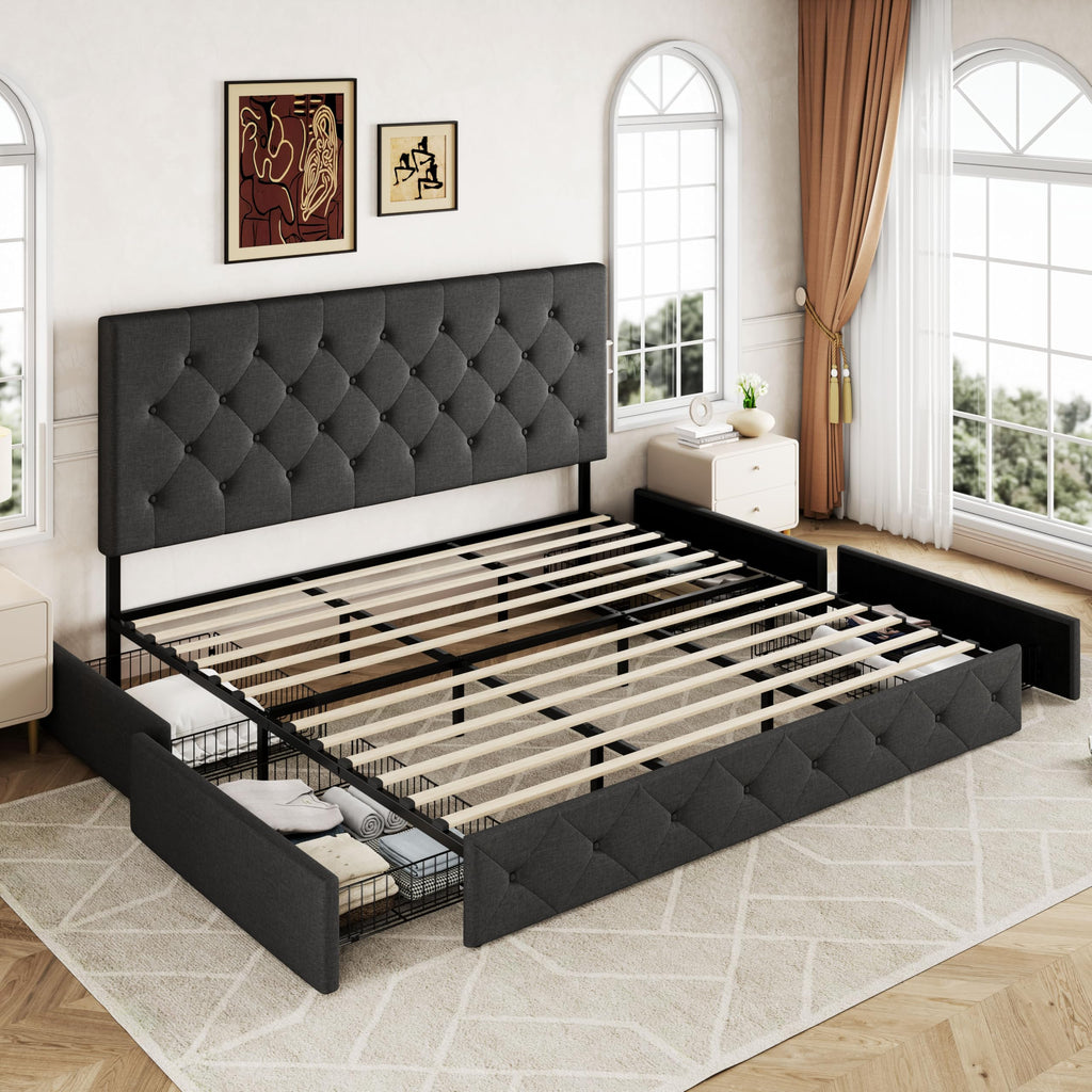 Allewie Upholstered Queen Size Platform Bed Frame with 4 Storage Drawers and Headboard, Square Stitched Button Tufted, Mattress Foundation with Wooden Slats Support, No Box Spring Needed, Light Grey