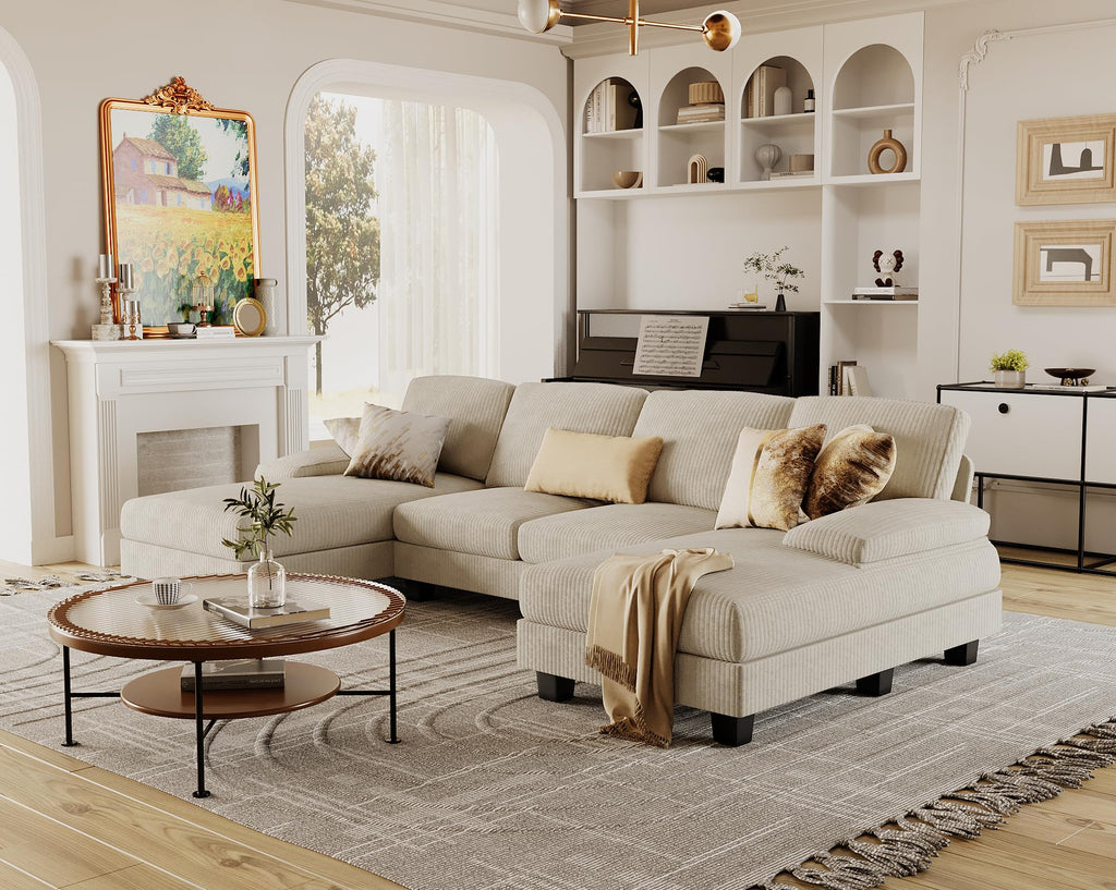 Furmax Sectional Couches for Living Room, U-Shaped Sofa Couch with Linen Fabric, 4 Seat Sofa Set with Double Chaise for Apartment (Fabric, Grey)