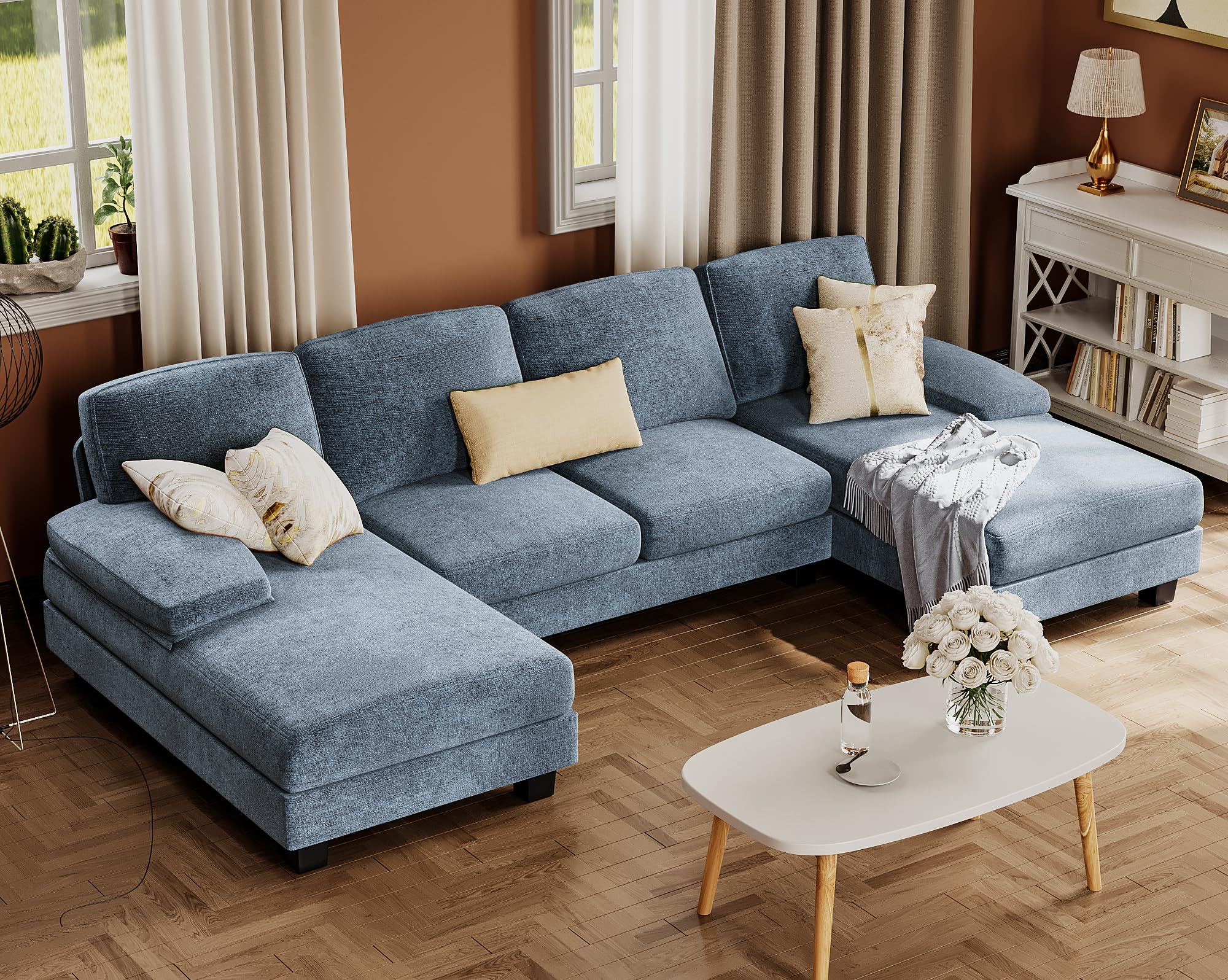 Furmax Sectional Couches for Living Room, U-Shaped Sofa Couch with Linen Fabric, 4 Seat Sofa Set with Double Chaise for Apartment (Fabric, Grey)